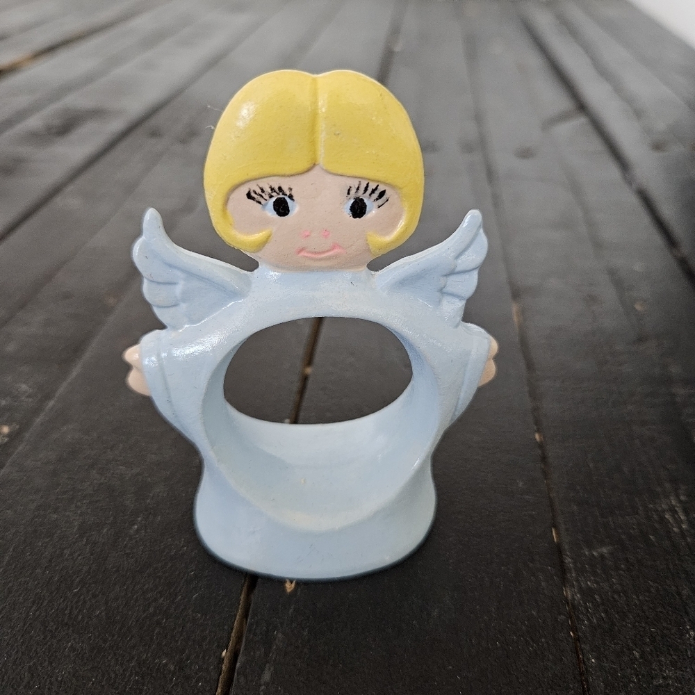 Angel Napkin Ring Holder Vintage Ceramic Blue Blonde Holiday Christmas Kitchen